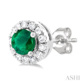 3.25 MM Round Emerald and 1/10 Ctw Single Cut Diamond Halo Precious Stud Earrings in 14K White Gold